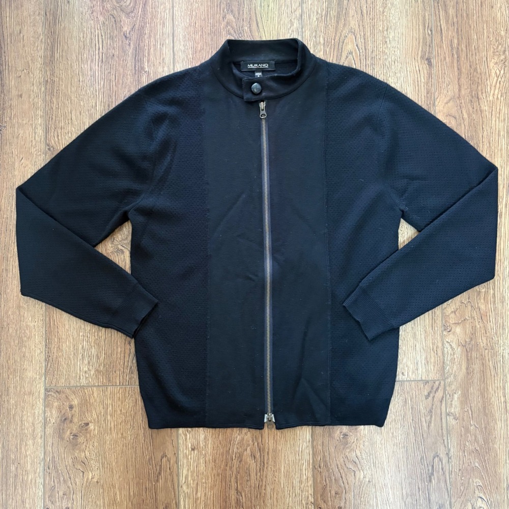 Murano 100% Wool Black Full Zip Knit‎ Jacket Sweater Mens Size Small Gorpcore